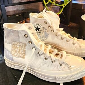 Converse High-Top Sneakers in Cream and Gray Patchwork